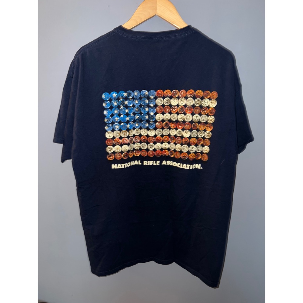 NRA National Rifle Association T-Shirt Navy Blue Ammo American Flag Graphic Tee